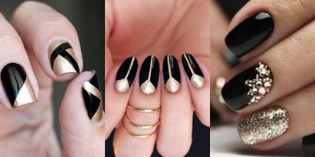 Чорний манікюр 2021 нігті з чорним дизайном на короткі, колір з блискітками, гель лак, френч, фото